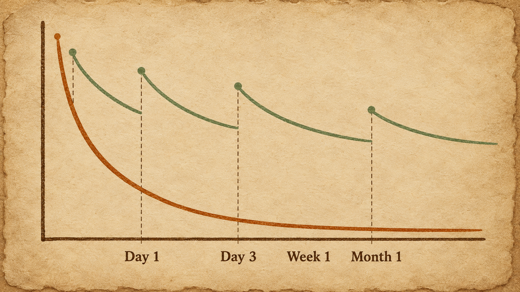Forgetting curve chart: each spaced review makes memory fall more slowly, with growing gaps between reviews