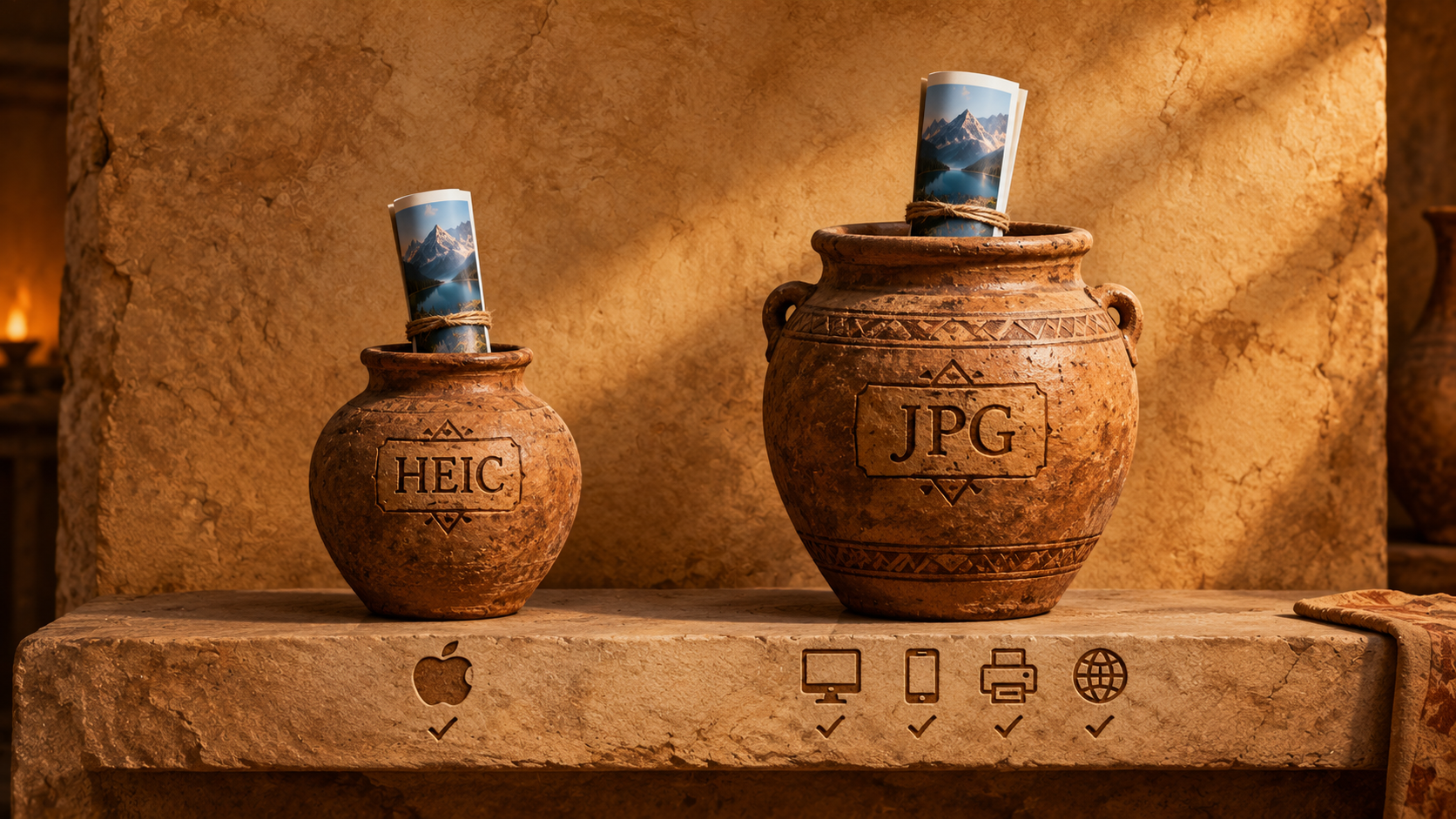 Two jars comparing HEIC and JPG: HEIC is smaller, while JPG opens on computers, phones, printers and websites