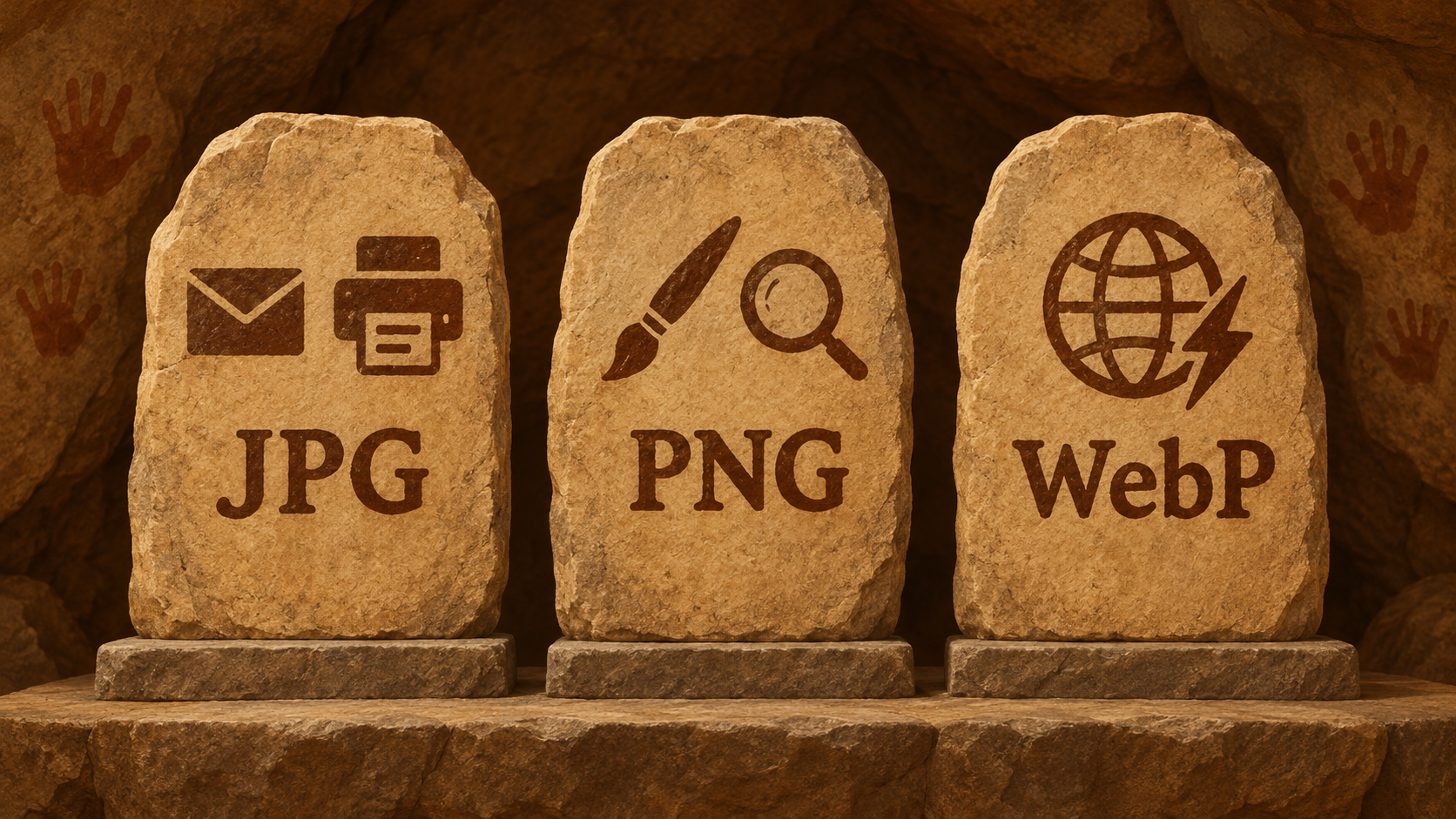 Three tablets showing when to use JPG for sharing, PNG for editing and WebP for websites