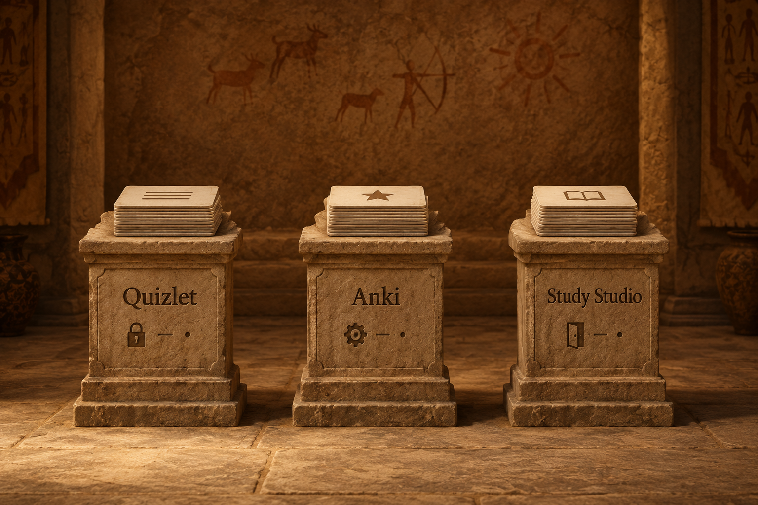 Three plinths comparing Quizlet, Anki and Study Studio as flashcard apps